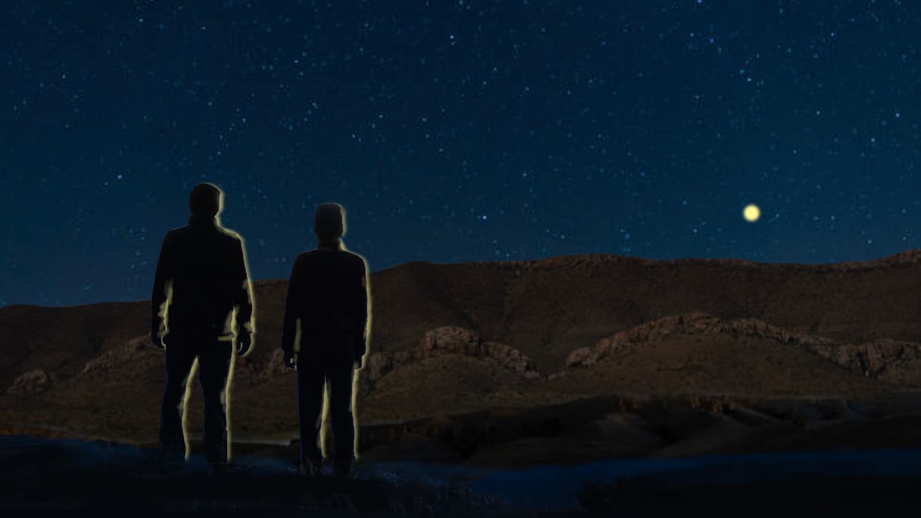 Rendering of two figures watching an object in the sky.