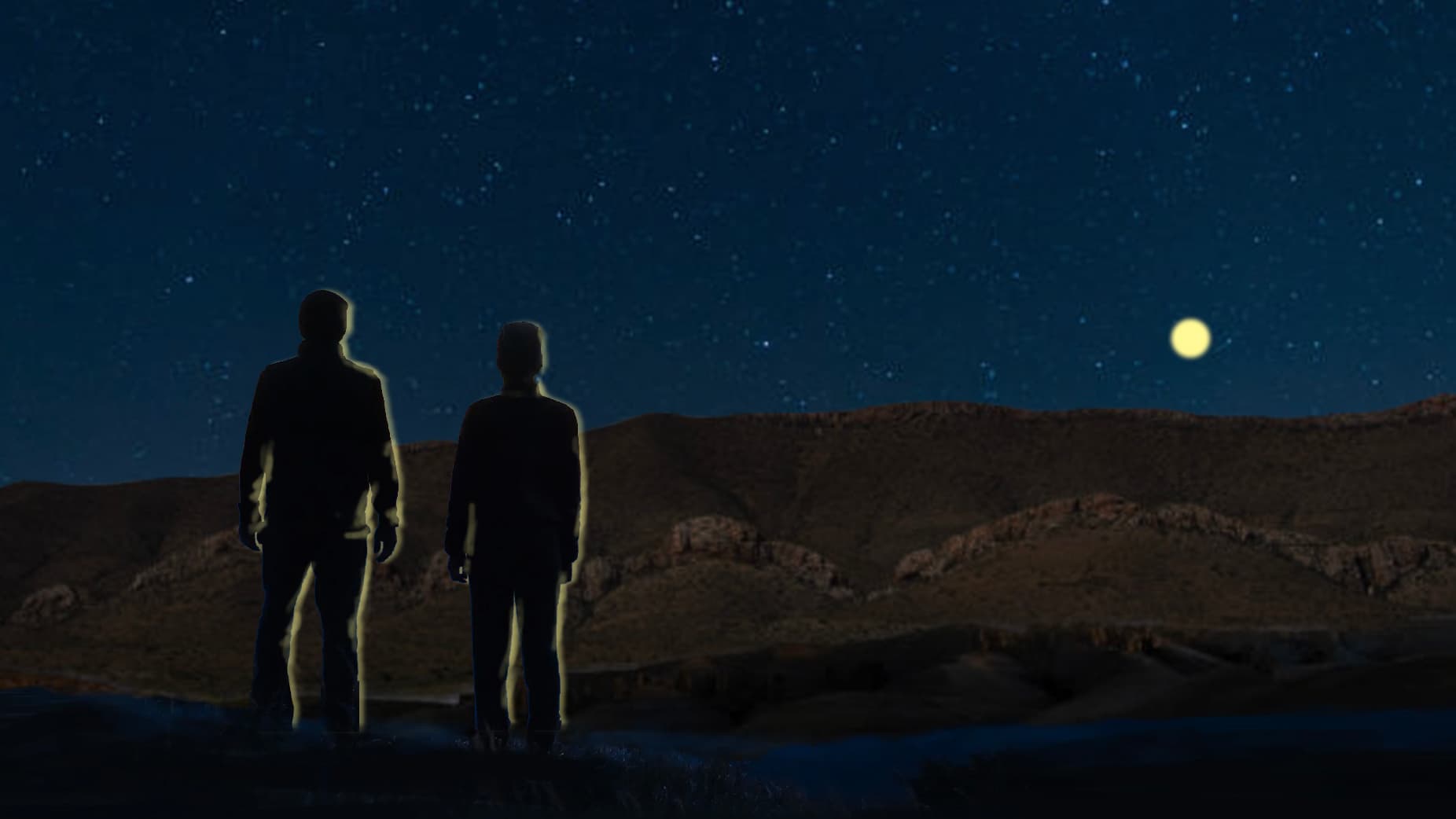 Rendering of two figures watching an object in the sky.