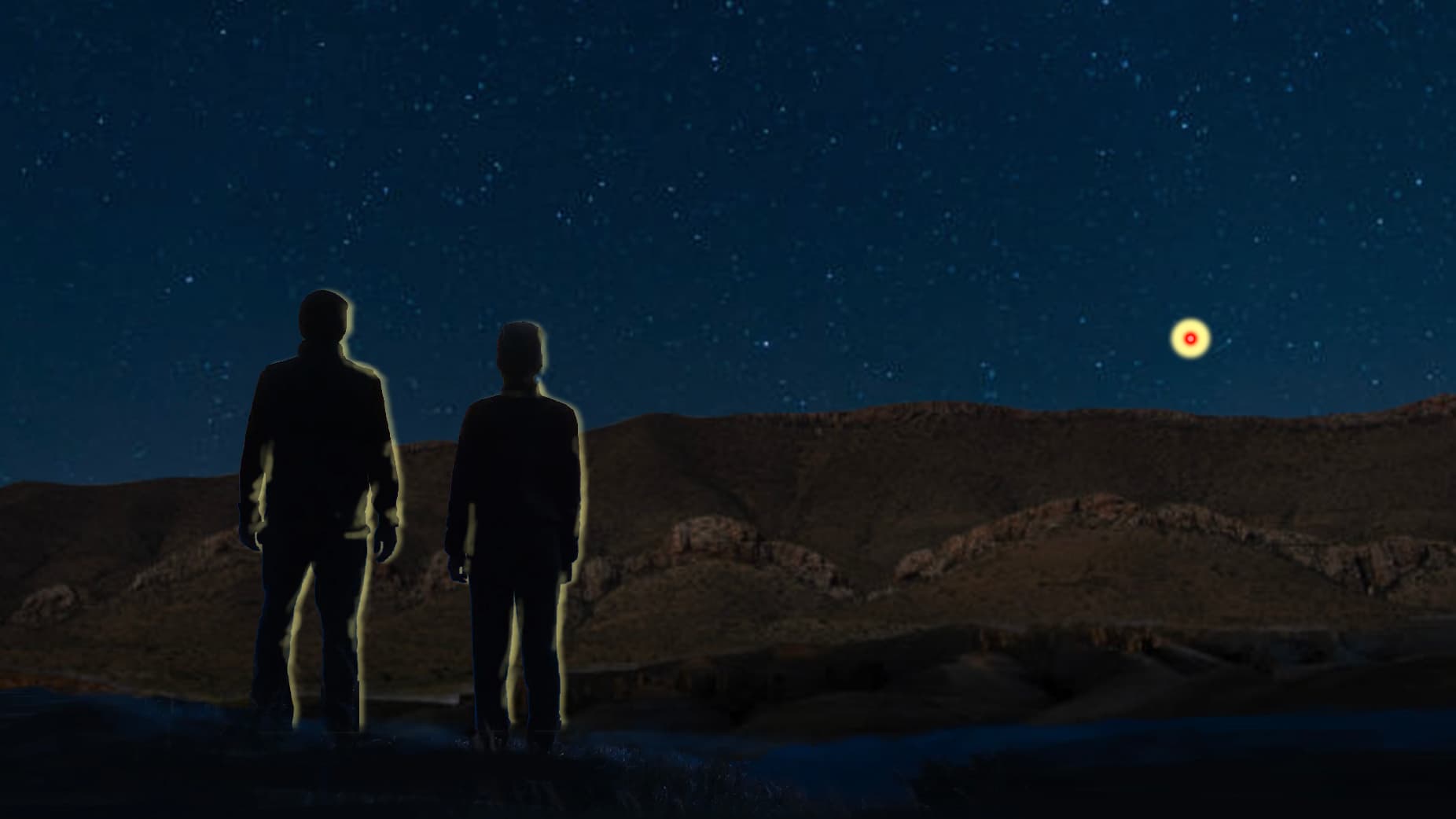 Rendering of two figures watching an object in the sky.