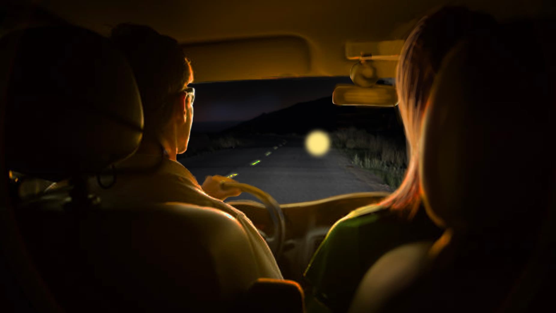 Rendering of people in a car watching an object on a road.