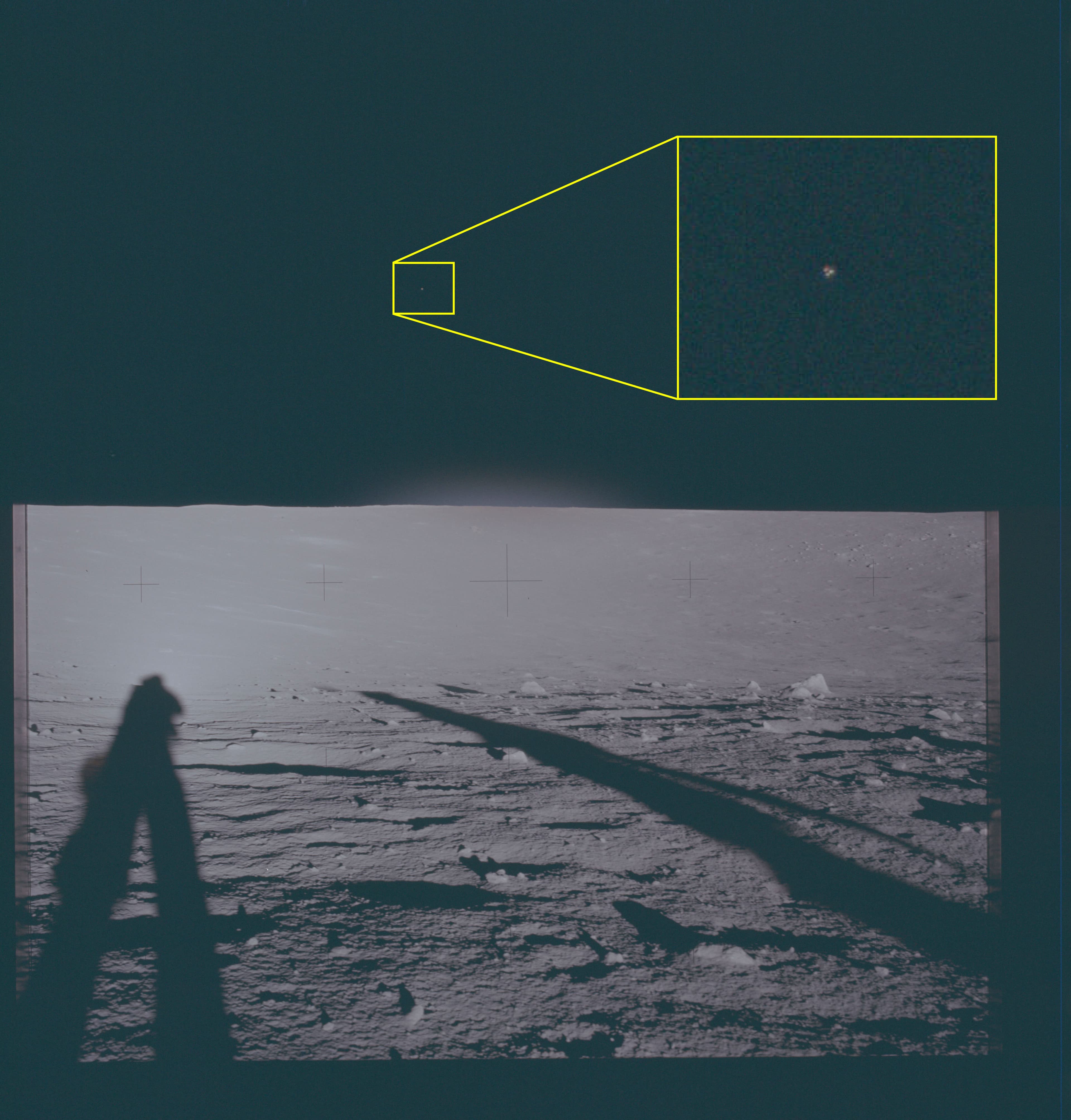 Photograph of the lunar surface showing astronaut shadows and a magnified callout of an object in the sky.