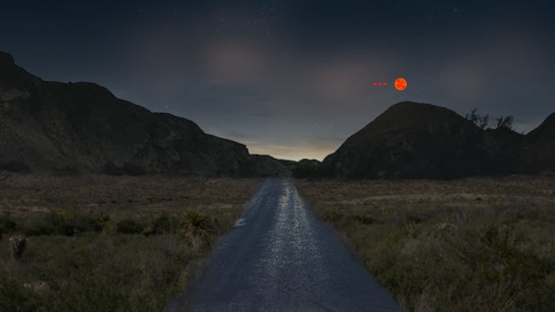 Rendering of a road at night with an object in the sky.