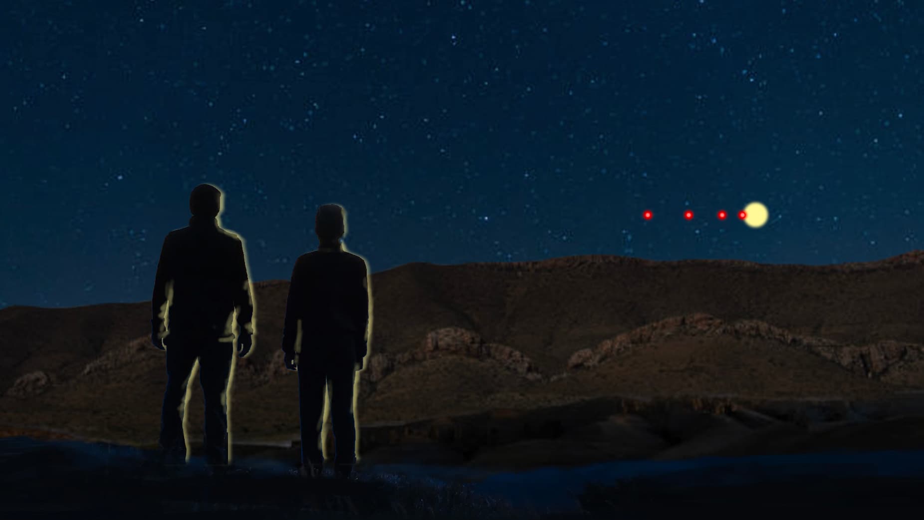 Rendering of two figures watching objects in the sky.